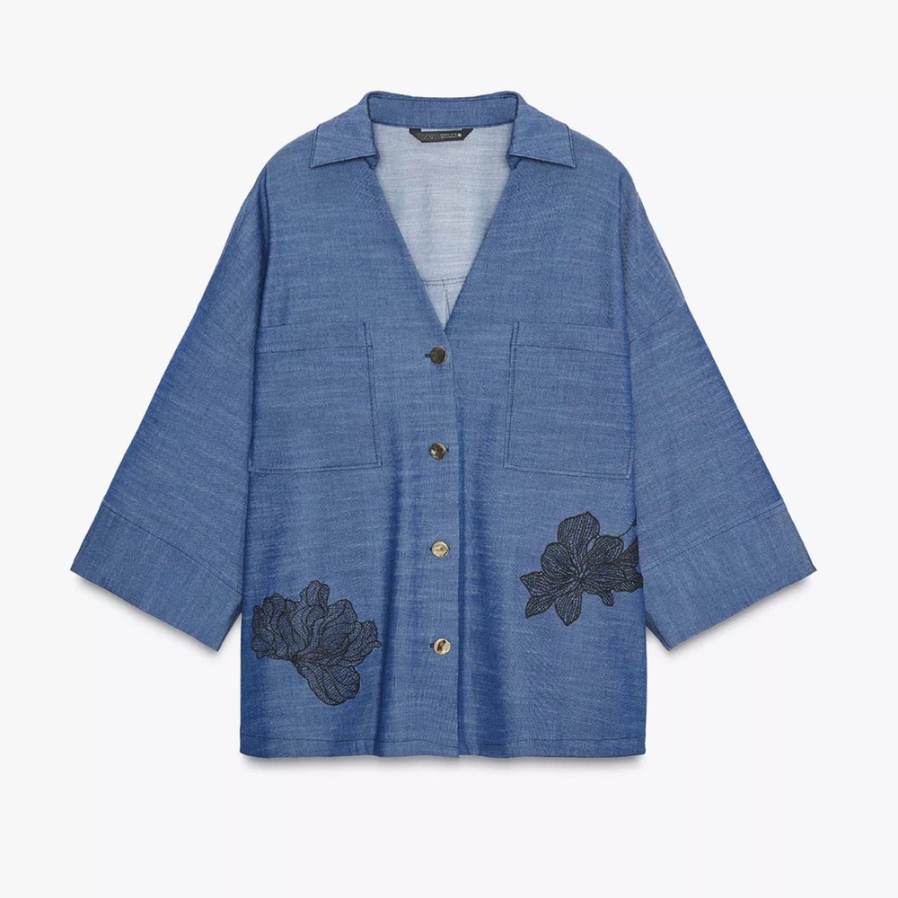 Zara 2 Piece Matching Set Floral Kimono Shirt & Wide Leg Pants Denim Blue NWT - Picture 8 of 13